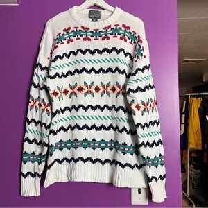 ❄️ VINTAGE LORD AND TAYLOR fair isle geo white cotton crewneck sweater M ❄️